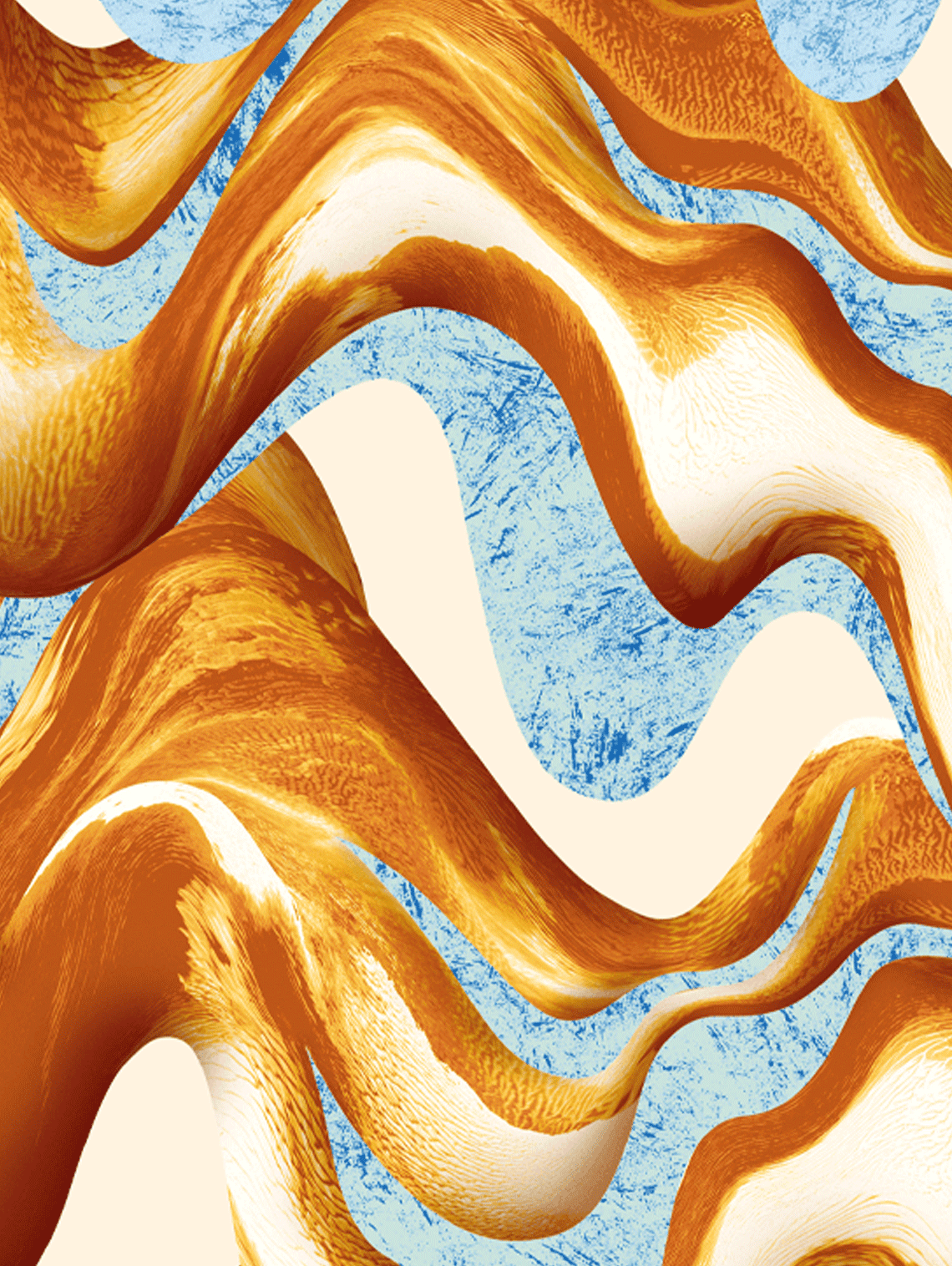 Salted Caramel Flavour pattern in graphic brown, tan, white layered swirls against a blue background